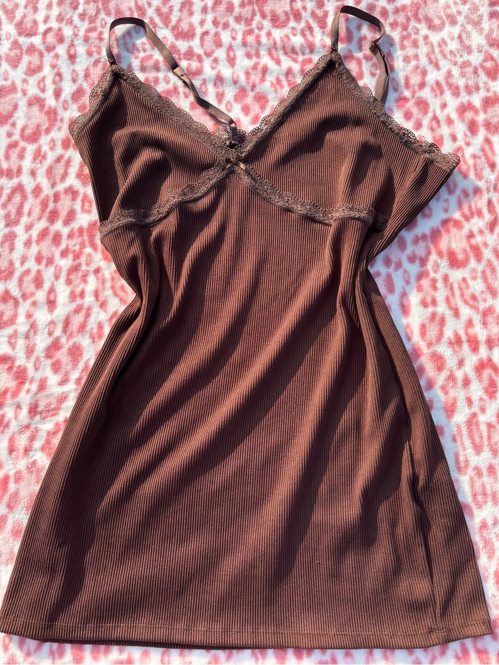 H&M Brown Ribbed Lace-Trim Midi Slip Dress